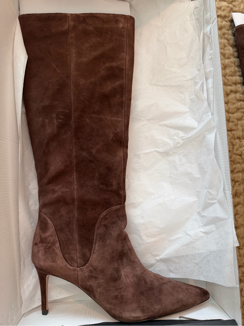 Pelle Moda Brown Suede Knee-High Pointed-Toe Heel Boot